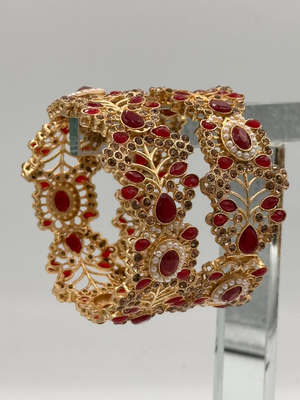 (openable kara) Crimson Radiance: Ruby Red & Antique Gold Statement Bangles