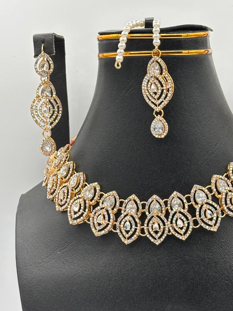 Silver "Lattice Leaf" Crystal Choker Set with Cerulean Accents