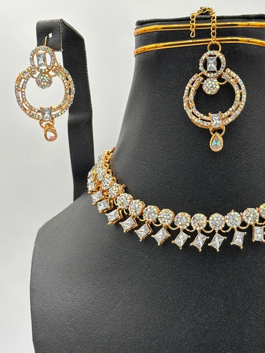 Silver Blossom Filigree Choker Set with Cerulean Crystal Accents