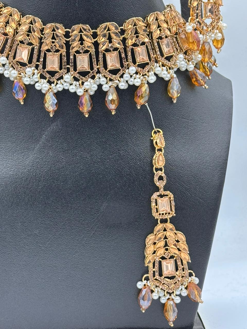 Silver Frost Floral Choker Set with Sky Blue Marquise Crystals