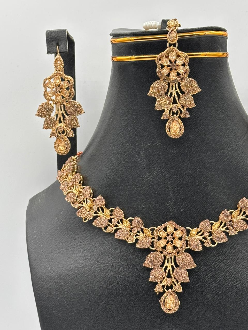 Golden Filigree Floral Choker Set with Champagne Crystals