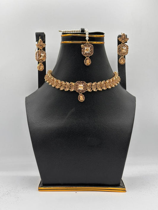 Noir & Gold Medallion Choker Set with Teardrop Crystals