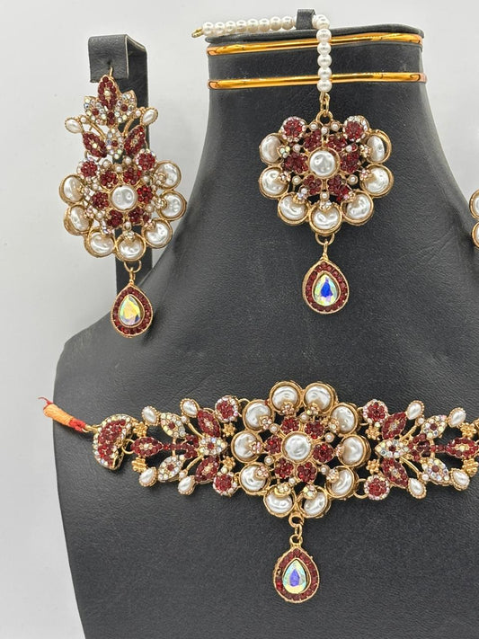 Antique Gold Floral Choker Set with Maroon Crystals & Pearl Inlays