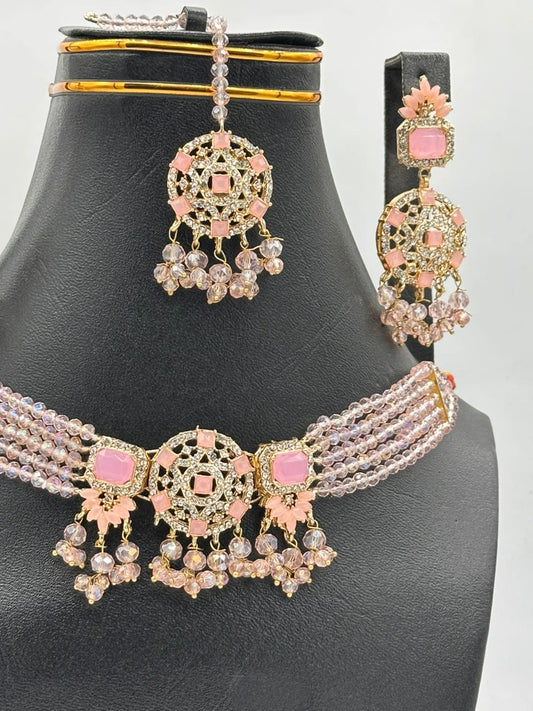 Blush Rose Crystal Choker Set with Geometric Filigree & Beaded Fringe