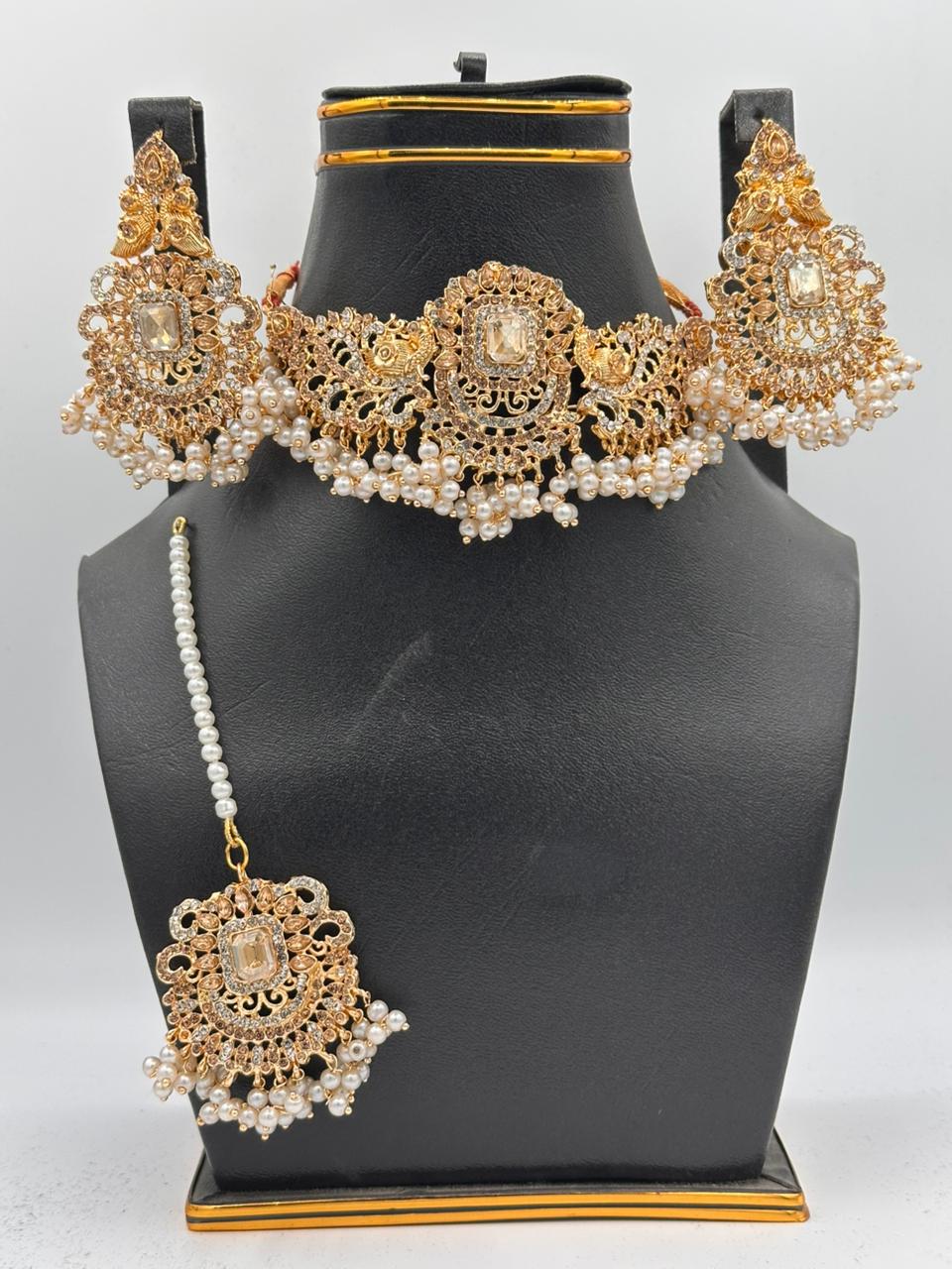 Imperial Gold-Plated Peacock Filigree Choker Set with Pearl Droplets
