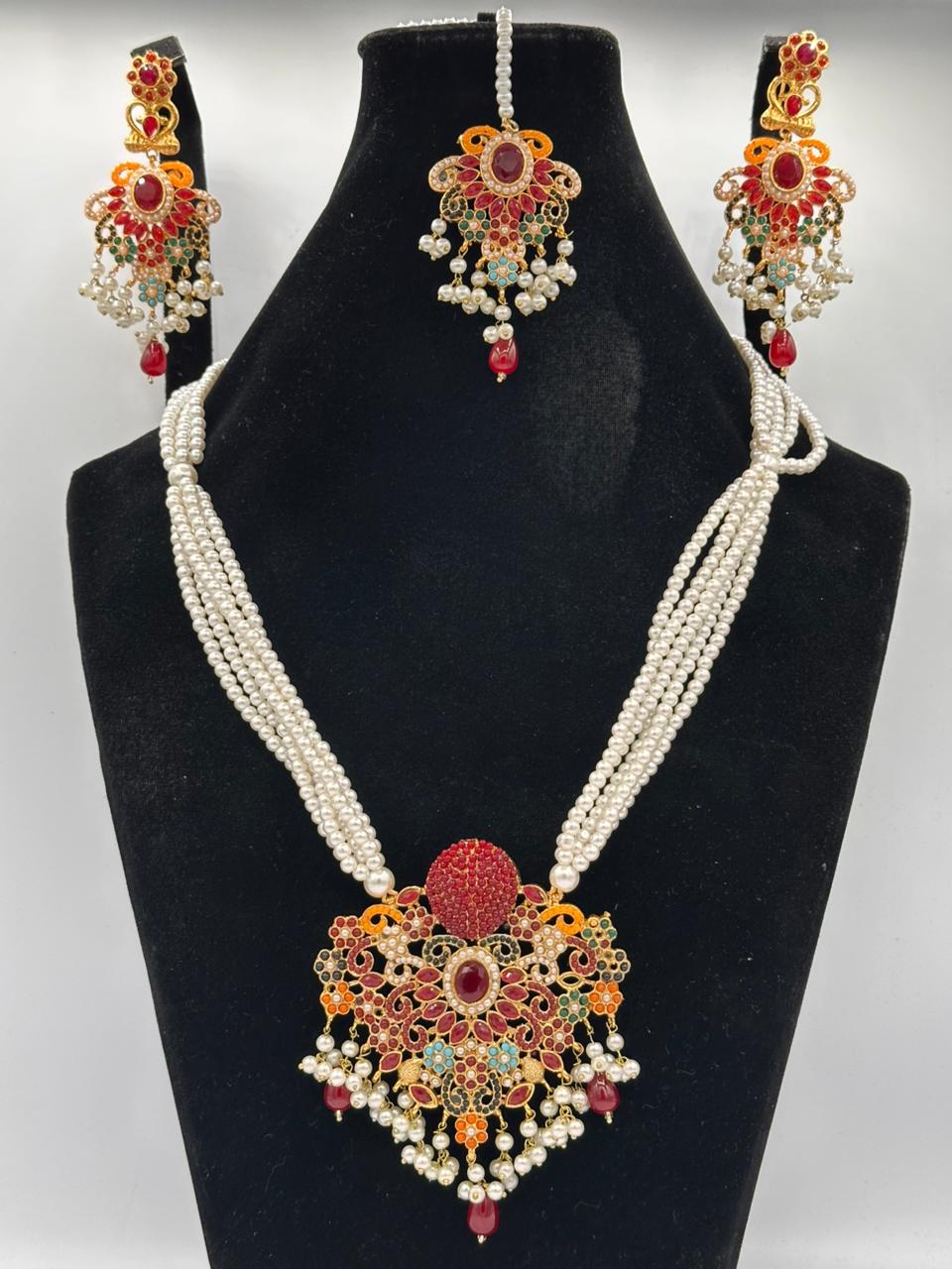 Vibrant Meenakari Pearl Mala Set with Multi-Color Stone Pendant