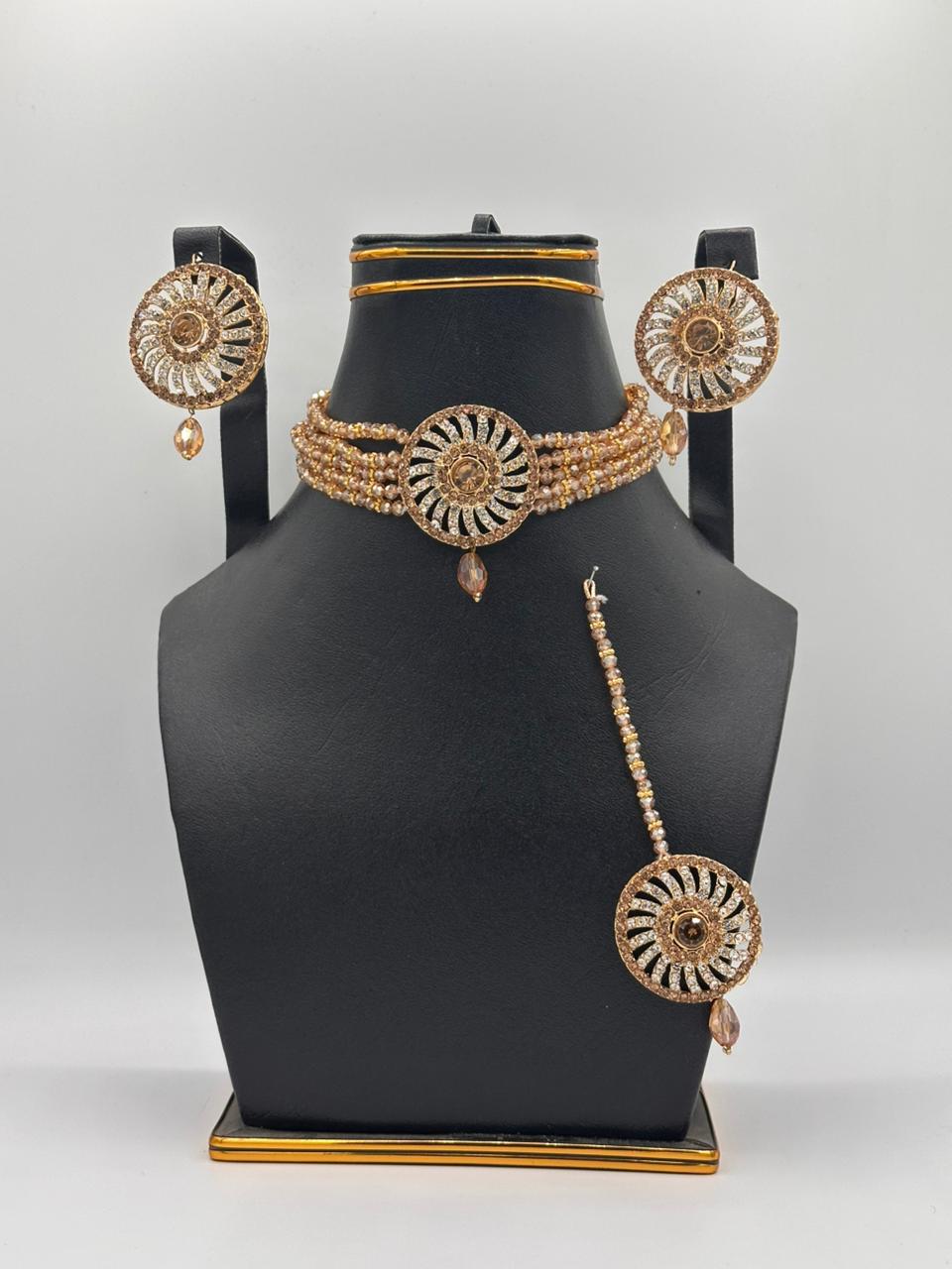 Radiant Sunwheel Beaded Choker Set with Circular Studs & Maang Tikka