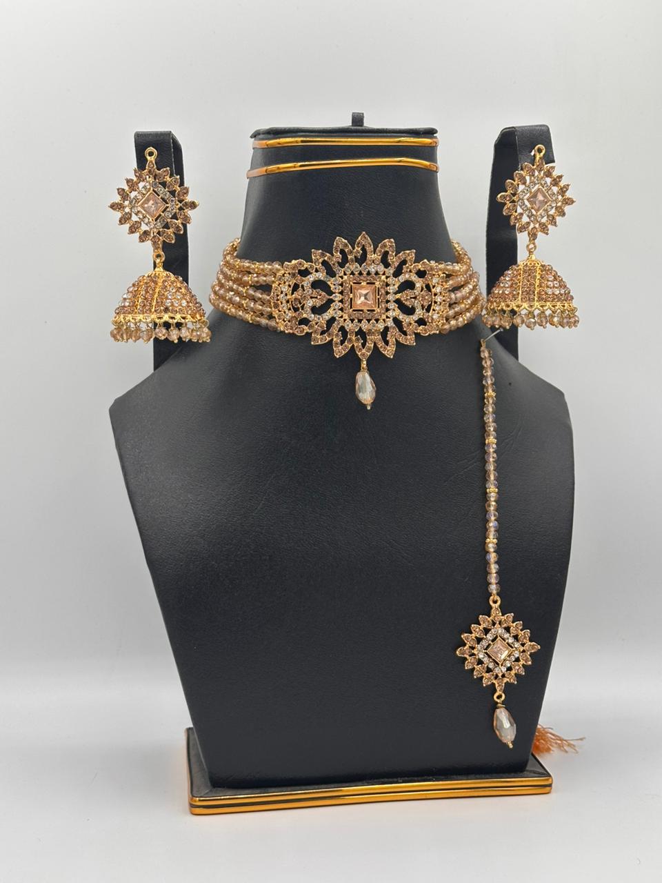 Vintage Bronze Beaded Choker Set with Traditional Jhumkas & Maang Tikka