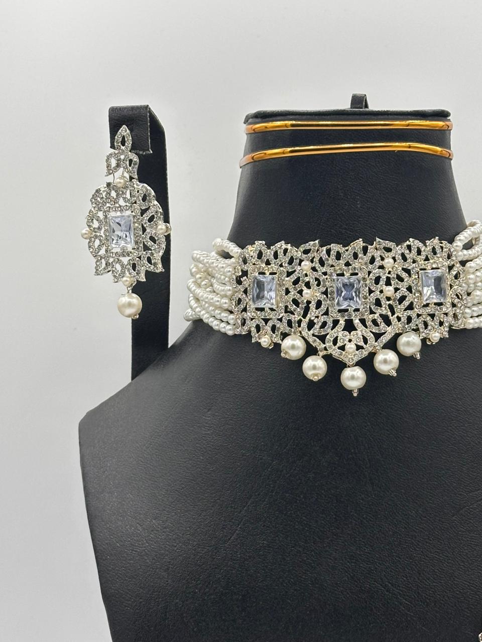 Regal Silver-Tone Pearl Choker Set with Emerald-Cut Crystals