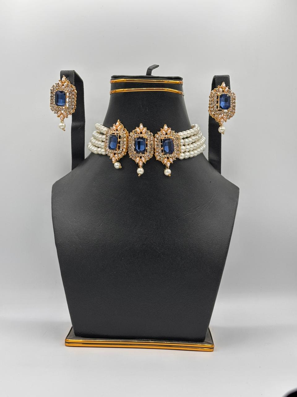 Regal Sapphire & Pearl Triple-Medallion Choker Set