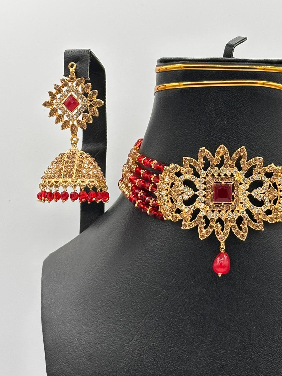 Royal Ruby & Gold Sunburst Choker Set with Jhumkas
