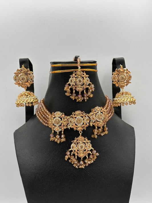 Champagne Gold Antique Choker with Traditional Jhumkas