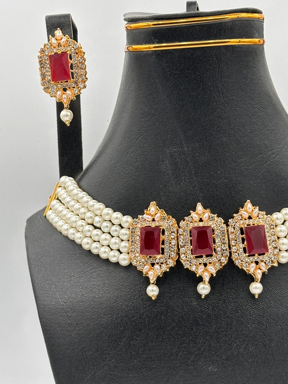 Royal Ruby & Pearl Strand Choker Set with Emerald-Cut Accents
