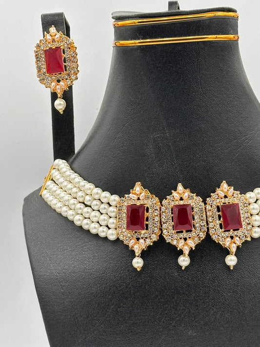 Royal Ruby & Pearl Strand Choker Set with Emerald-Cut Accents