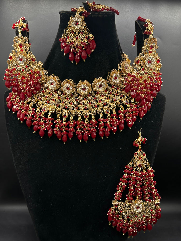 Mehroon zarkoon bridal set with necklace, matching earrings and tikka