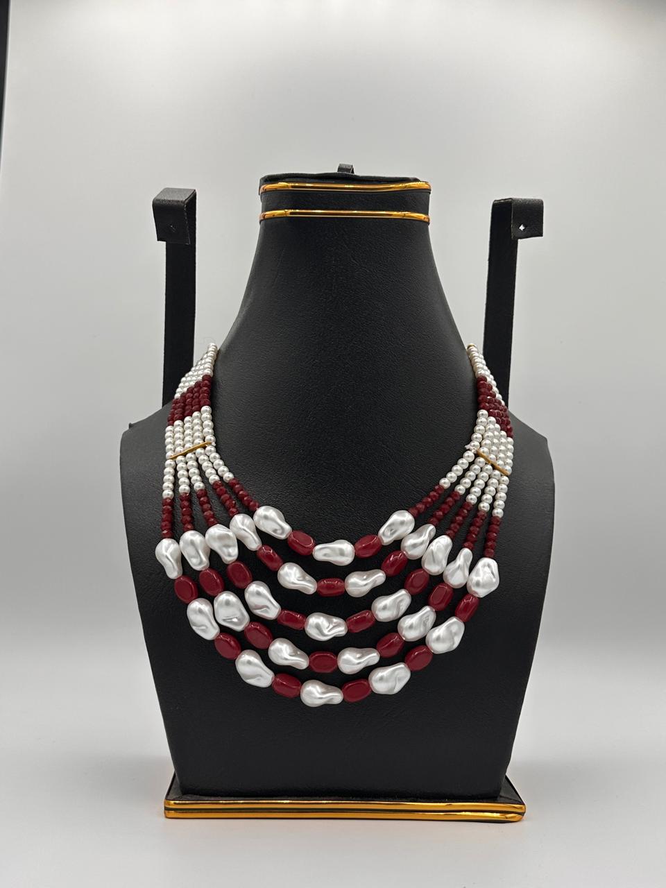 Multi-Strand Crimson & Pearl Necklace (MLA001ONN)
