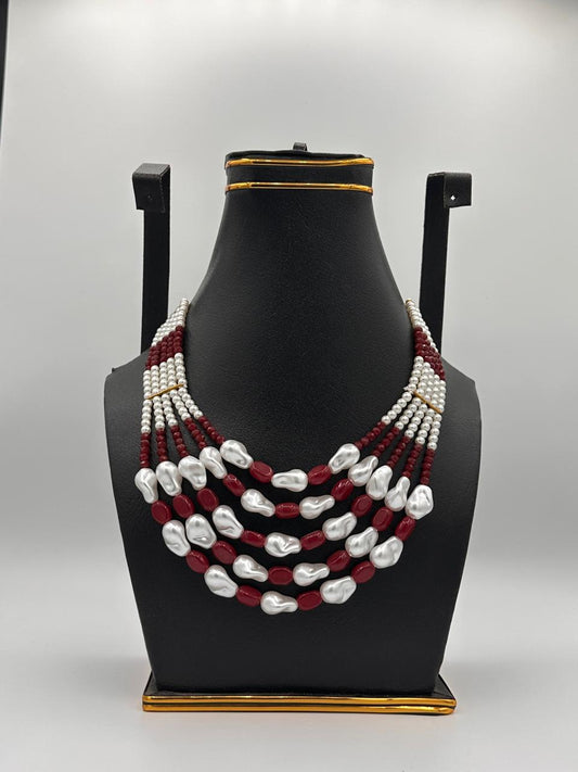 Multi-Strand Crimson & Pearl Necklace (MLA001ONN)