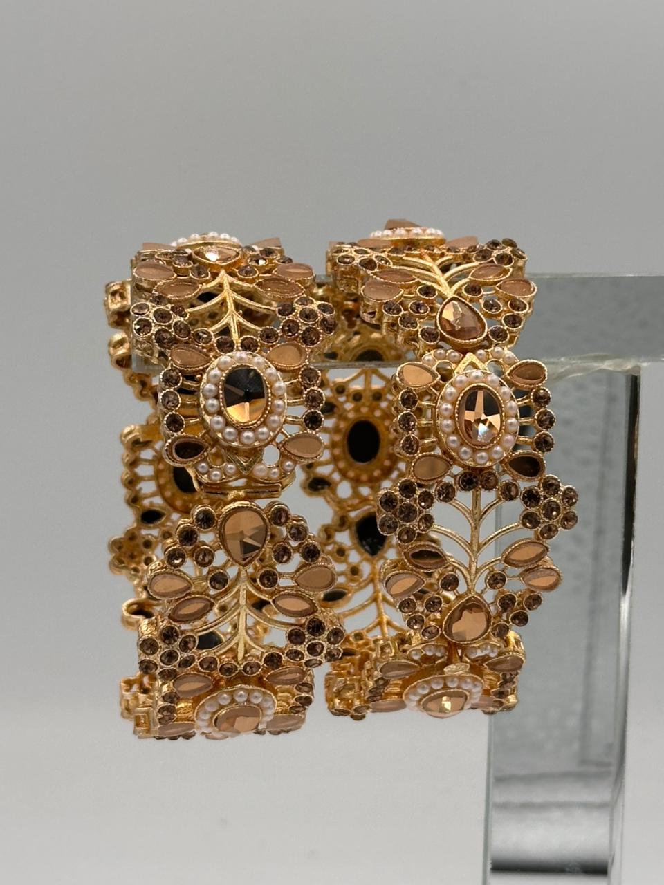 (openable kara) Champagne Gold Polki & Pearl Statement Bangles