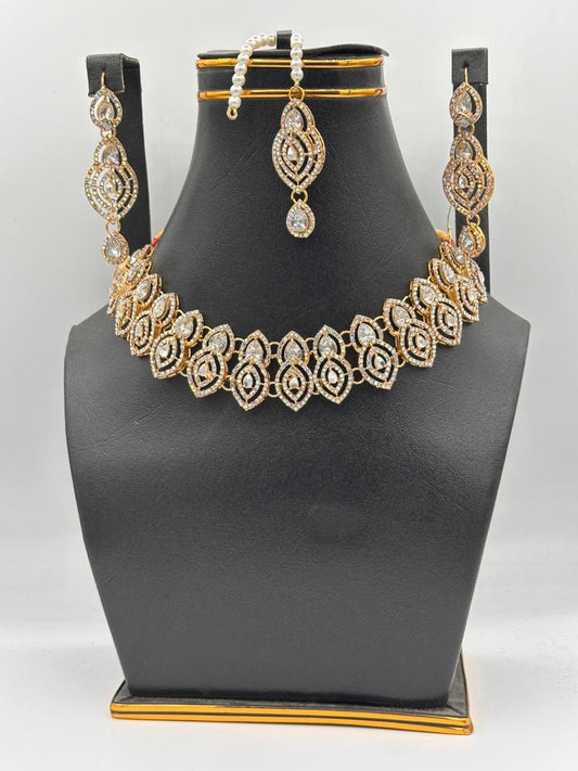 Silver "Lattice Leaf" Crystal Choker Set with Cerulean Accents