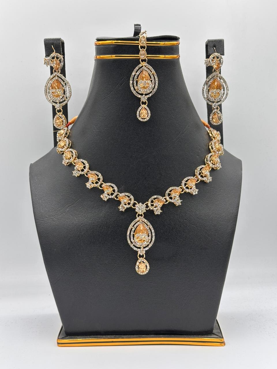 Lustrous White Bead Choker Set with Crystal Sunburst Centerpiece
