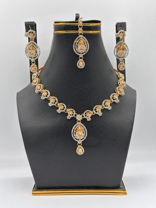Lustrous White Bead Choker Set with Crystal Sunburst Centerpiece