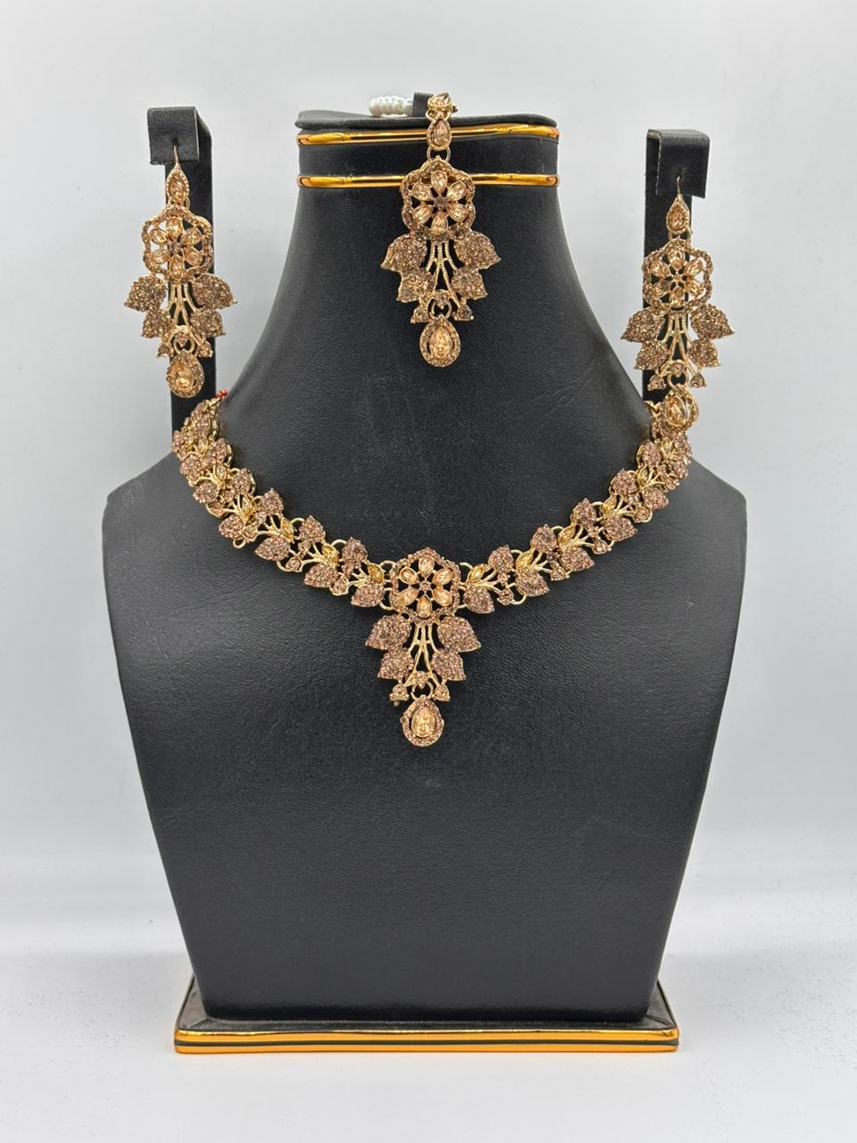 Golden Filigree Floral Choker Set with Champagne Crystals