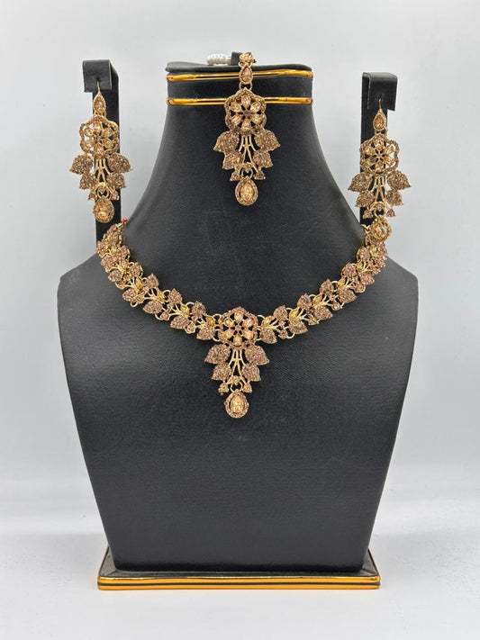 Golden Filigree Floral Choker Set with Champagne Crystals