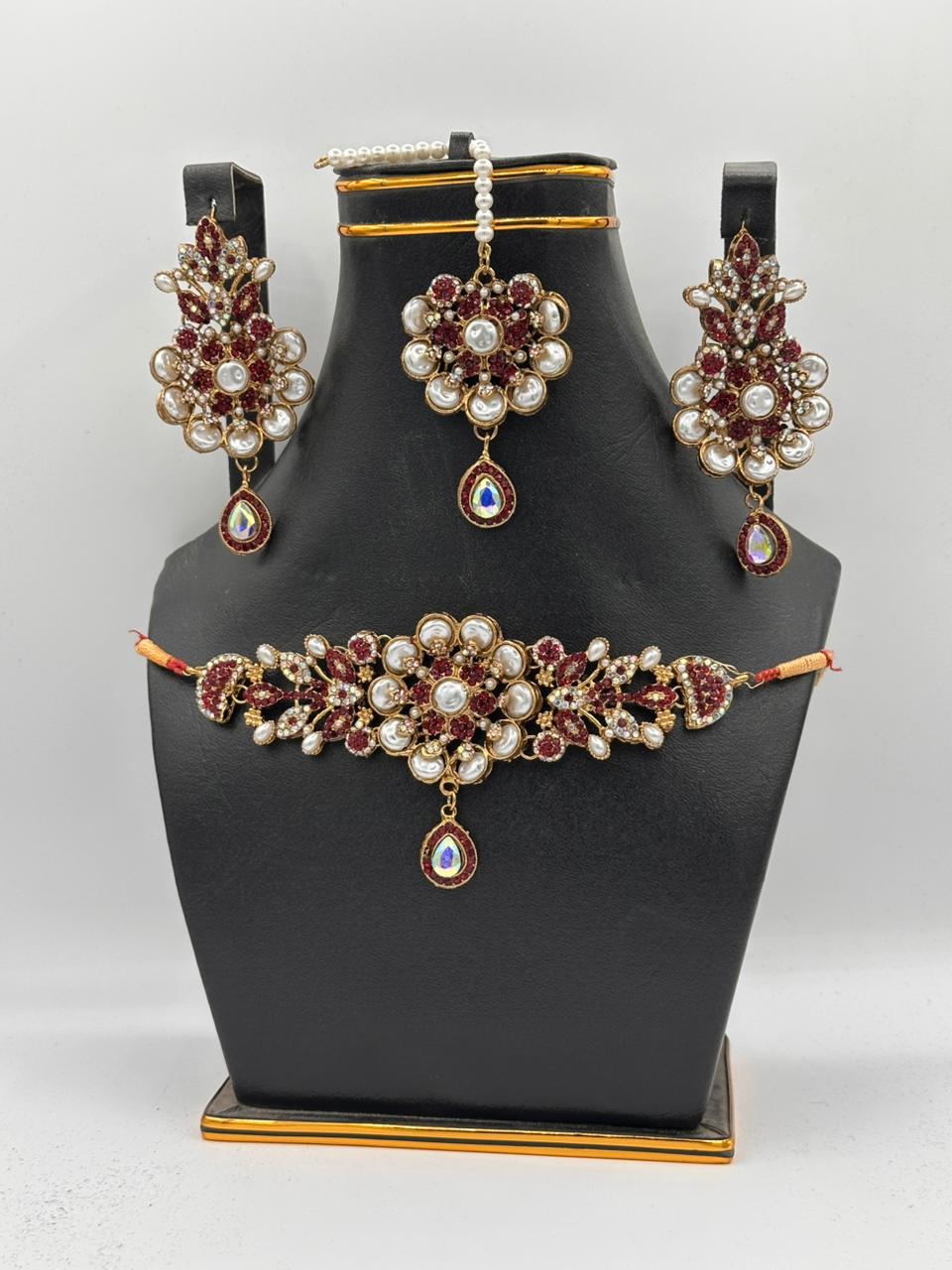 Antique Gold Floral Choker Set with Maroon Crystals & Pearl Inlays
