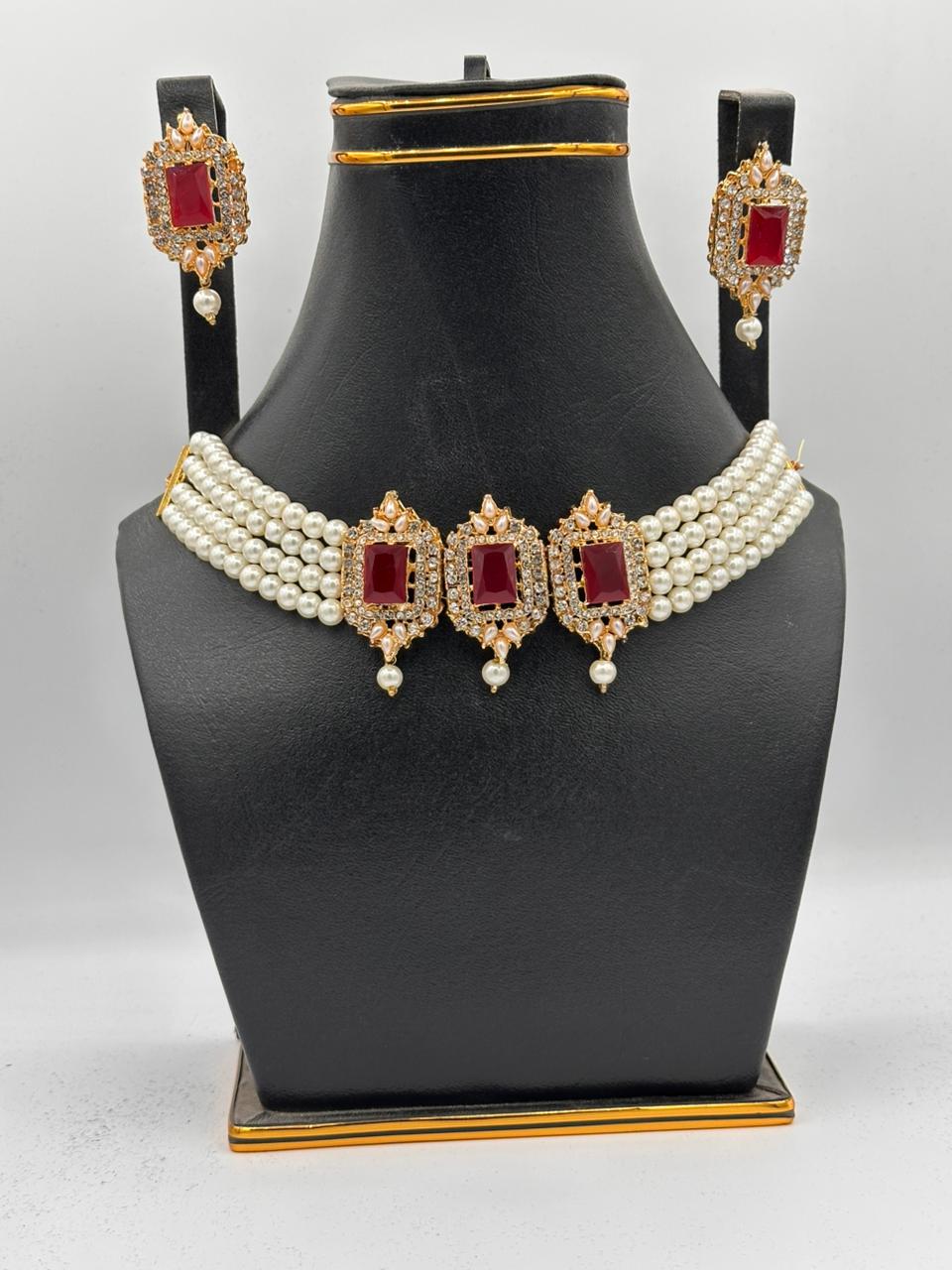 Royal Ruby & Pearl Strand Choker Set with Emerald-Cut Accents