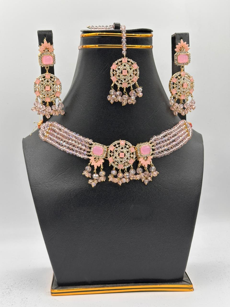 Blush Rose Crystal Choker Set with Geometric Filigree & Beaded Fringe