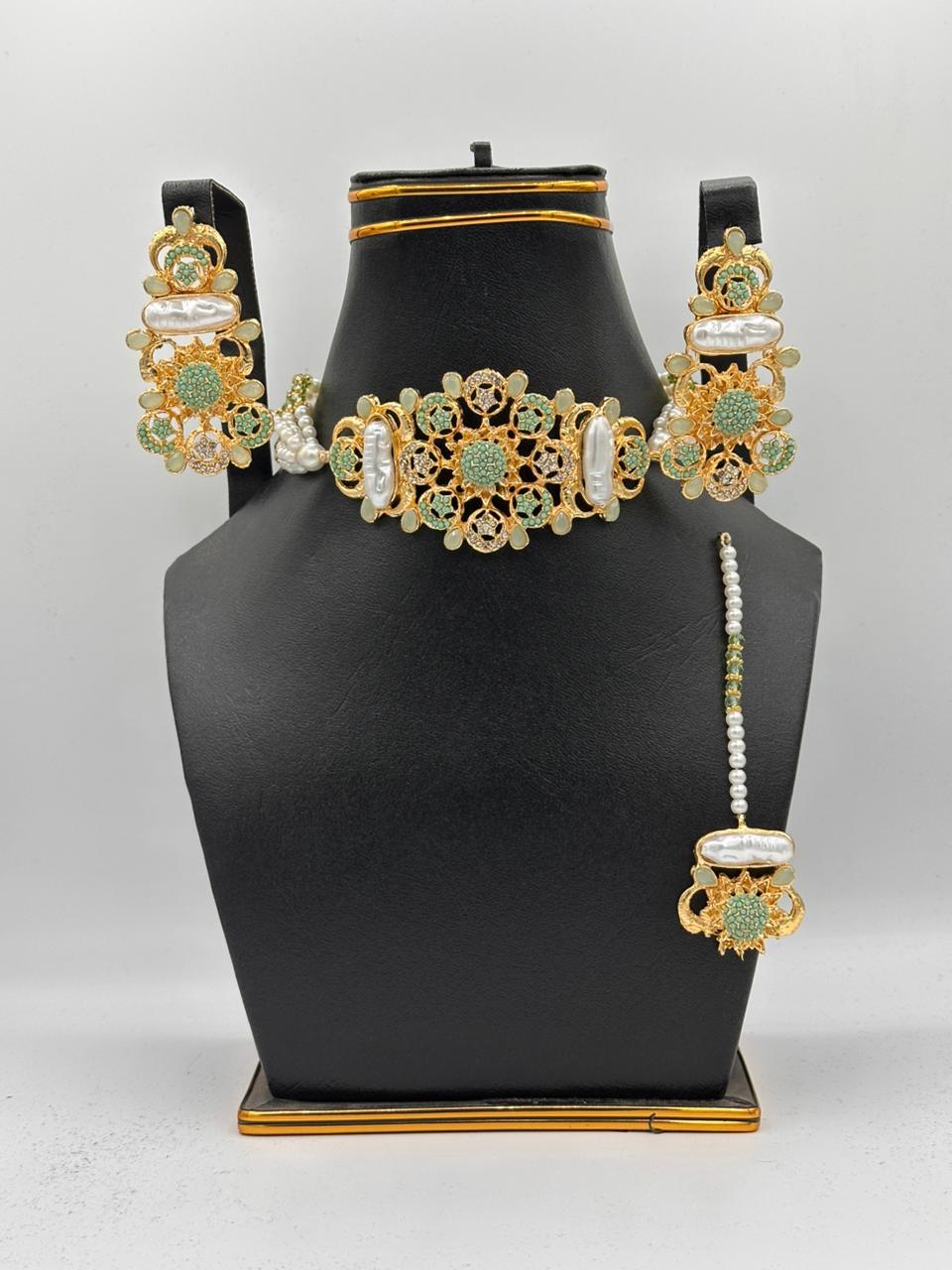 Mint Green Floral Filigree Choker Set with Baroque Pearls