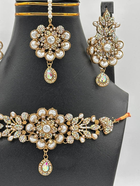 Antique Gold Floral Pearl Choker Set with Iridescent Crystal Accents
