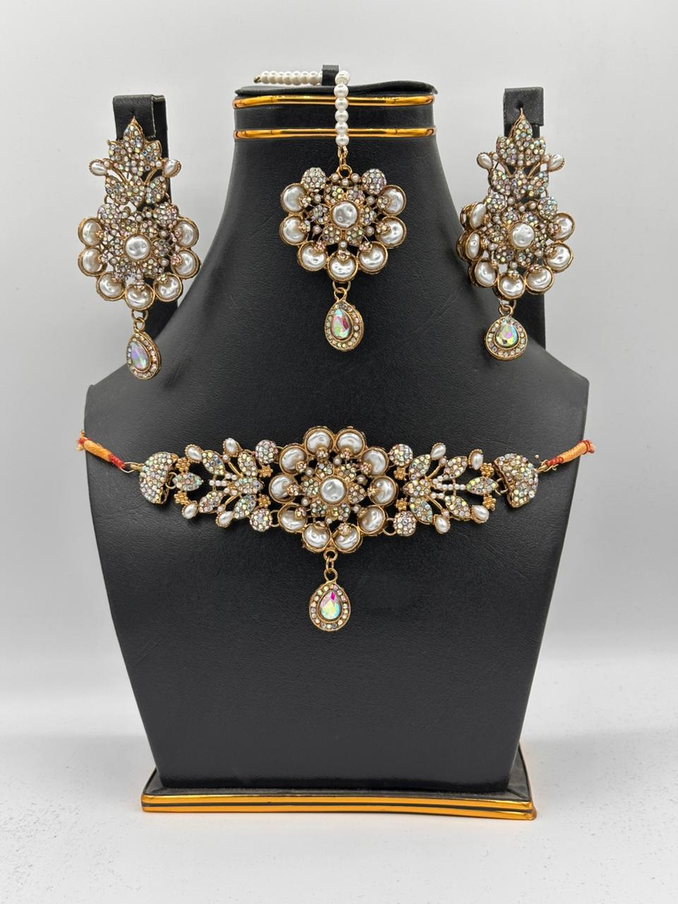 Antique Gold Floral Pearl Choker Set with Iridescent Crystal Accents
