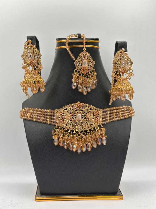 Antique Gold Floral Choker Set with Crystal Jhumkas & Statement Tikka