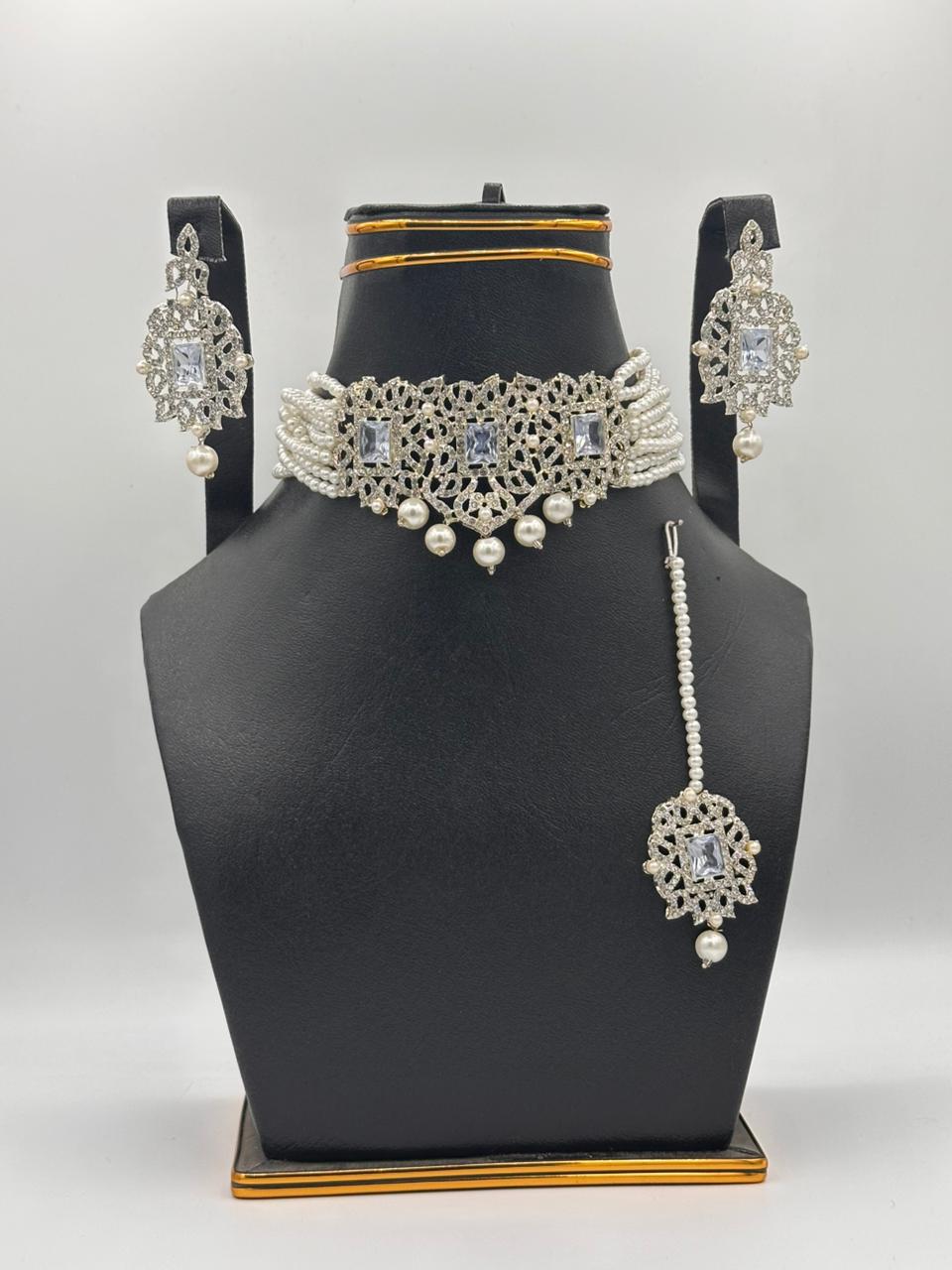 Regal Silver-Tone Pearl Choker Set with Emerald-Cut Crystals