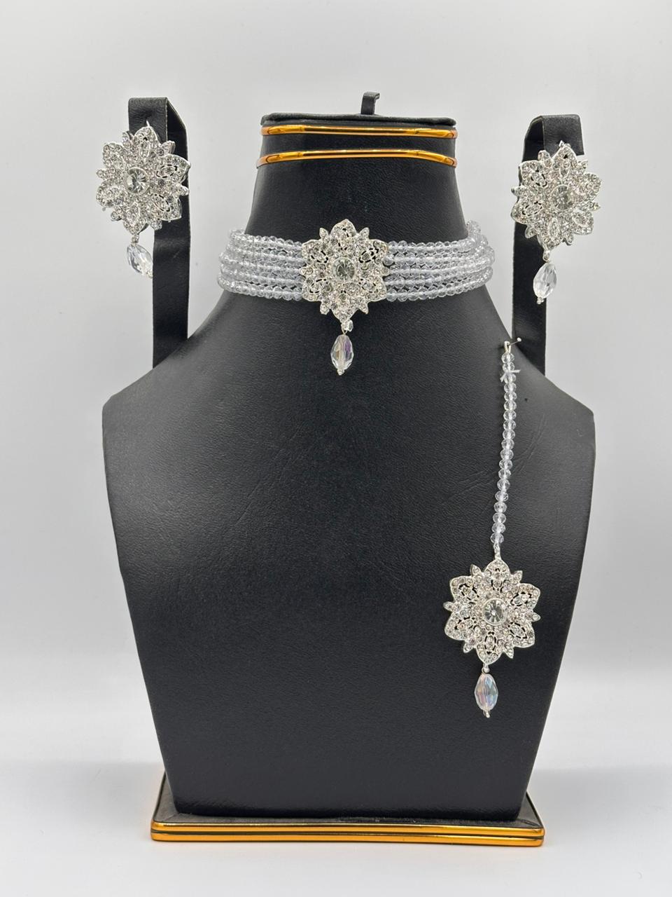 Ethereal Silver-Tone Floral Crystal Choker Set with Maang Tikka