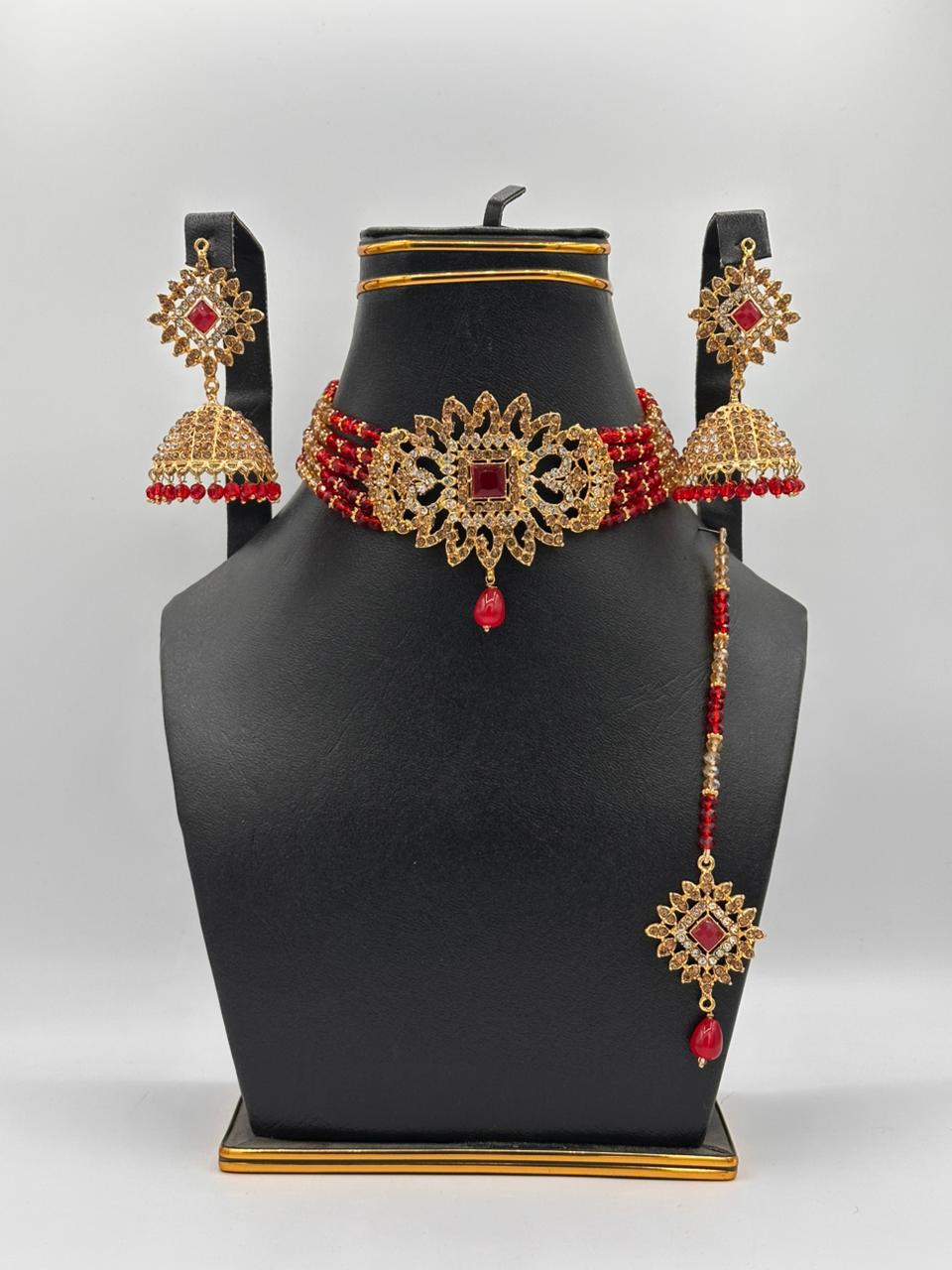 Royal Ruby & Gold Sunburst Choker Set with Jhumkas