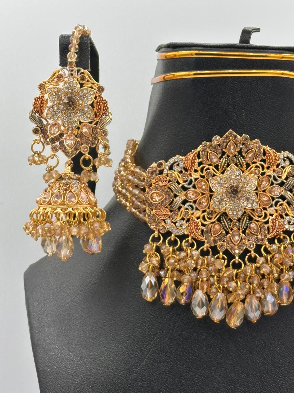 Antique Rose Gold & Champagne Crystal Jhumka Set
