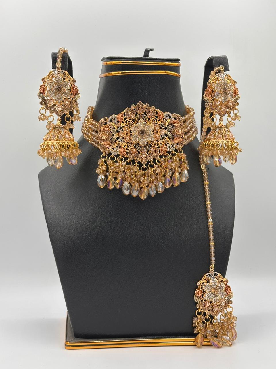 Antique Rose Gold & Champagne Crystal Jhumka Set