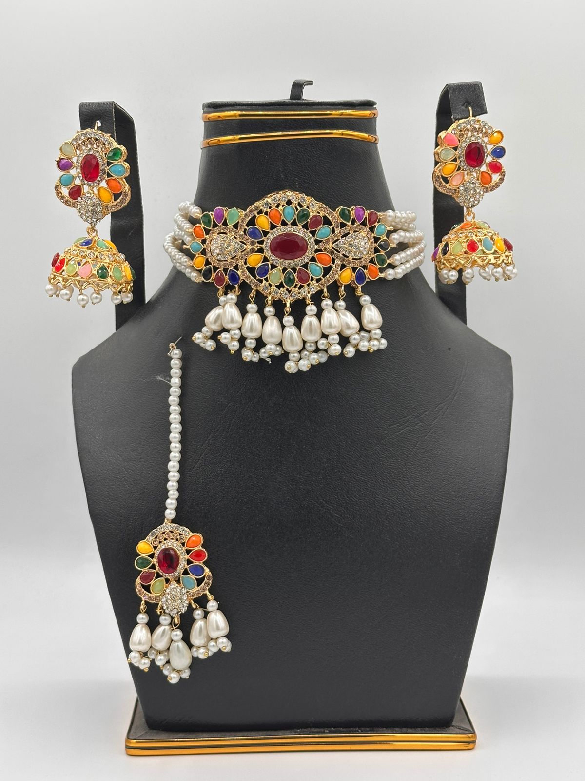 Radiant Navratna-Style Bridal Choker Set with Pearls