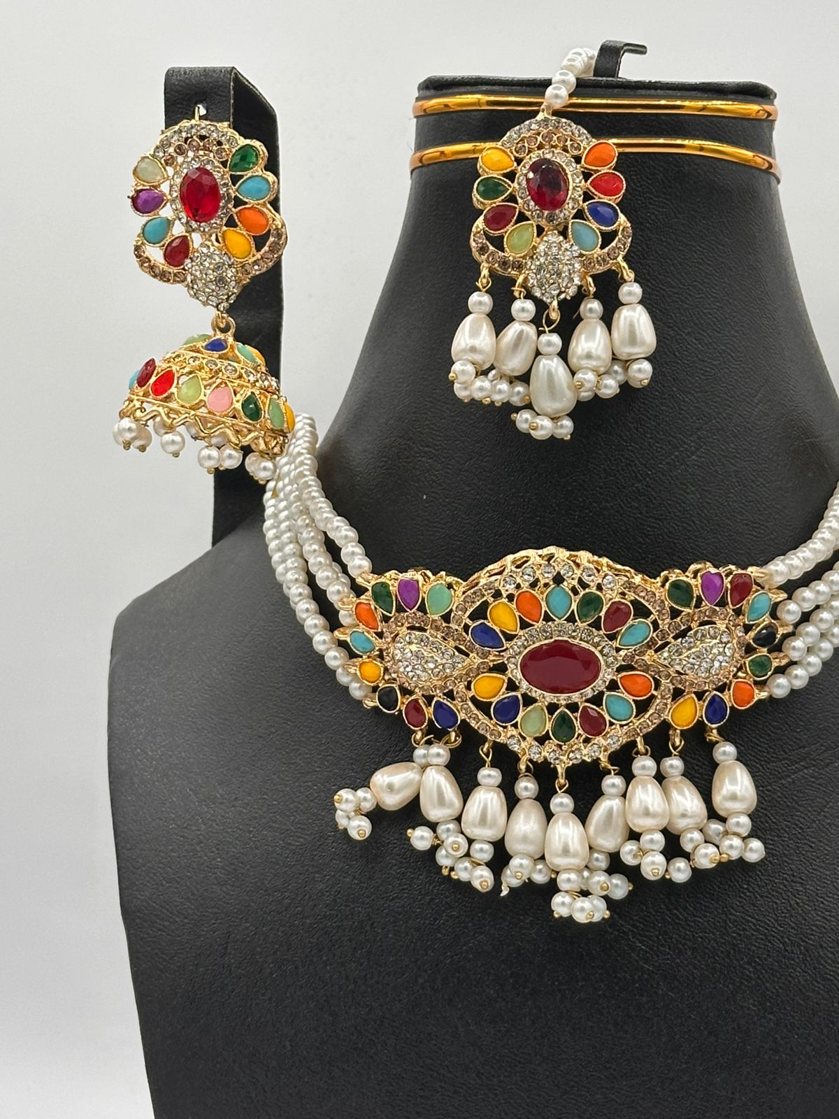 Radiant Navratna-Style Bridal Choker Set with Pearls