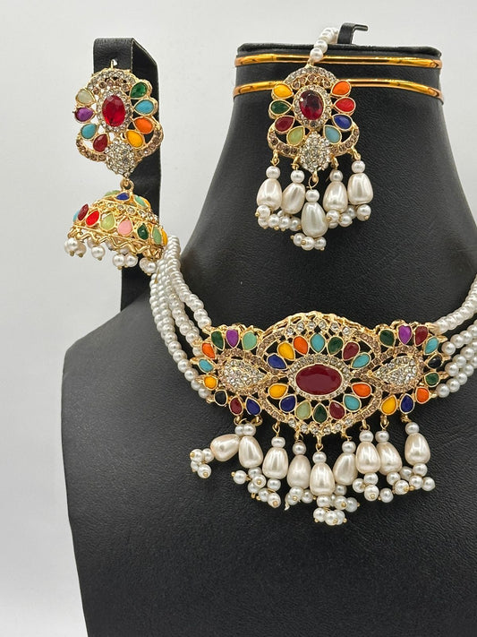 Radiant Navratna-Style Bridal Choker Set with Pearls